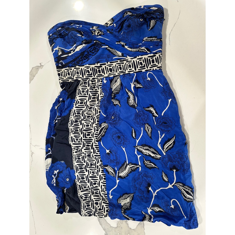 Tibi New York Blue Floral Silk Strapless Twist Front‎ Dress Size 6